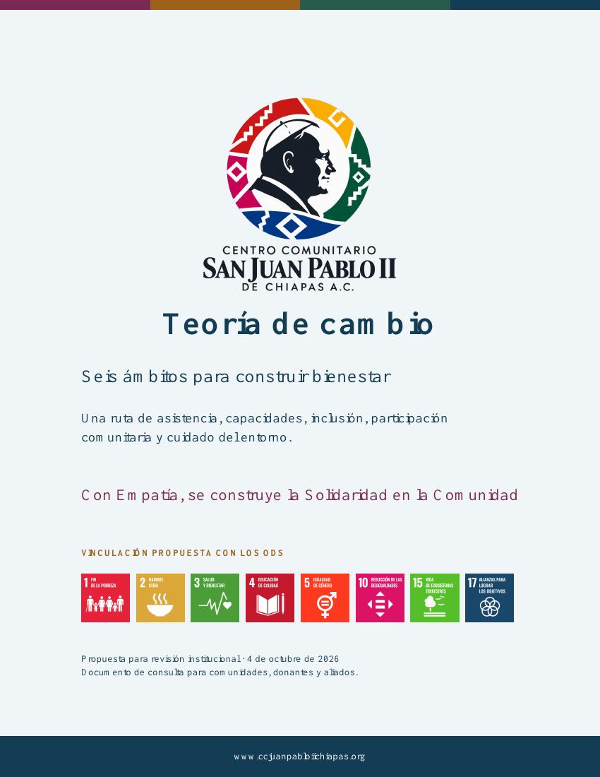 Portada institucional de la teoría de cambio del Centro Comunitario San Juan Pablo II de Chiapas